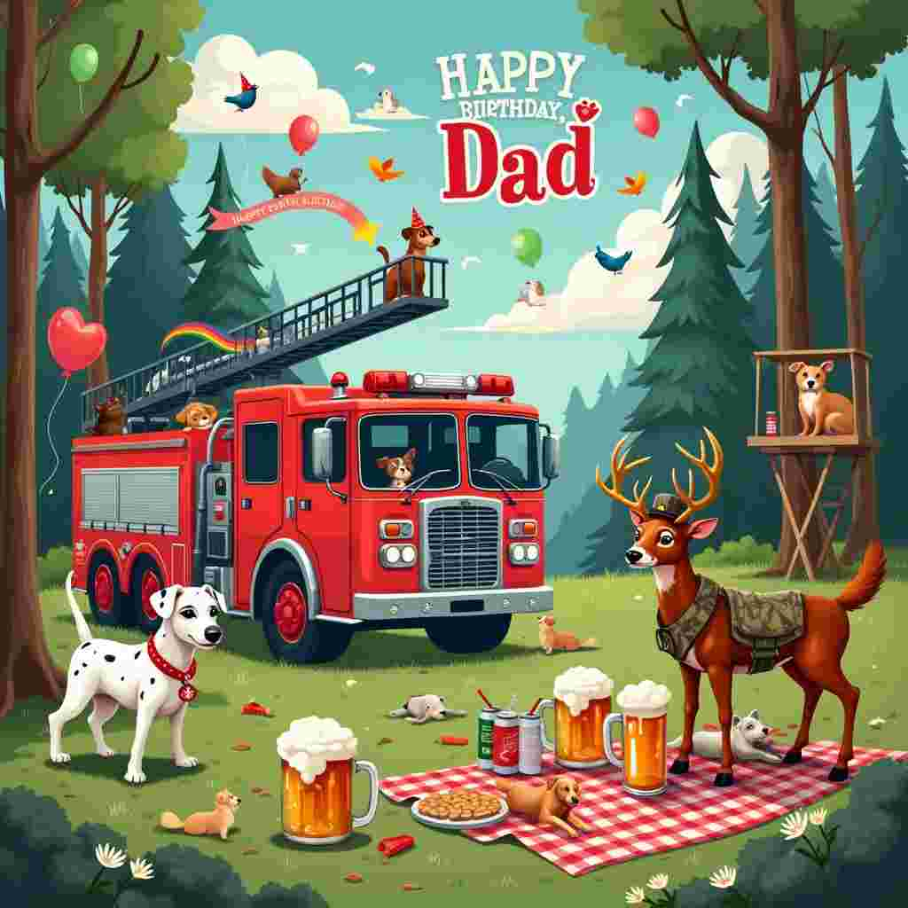 The scene is set in a whimsical woodland clearing with tall, lush trees surrounding the area. In the center of the scene, a vibrant red fire truck is parked, but it's not just any fire truck—this one has a playful twist. The fire truck is decorated with balloons and streamers, turning it into a festive centerpiece. The ladder extends high into the treetops, where a banner flutters with the words "Happy Birthday, Dad!" written in bold, cheerful letters.

Next to the fire truck, a group of dogs of various breeds are eagerly gathered, all wearing tiny fireman hats. One particularly mischievous Dalmatian is holding a hose that’s spurting out a rainbow-colored stream of water. 

To the right of the fire truck, there is a cozy picnic setup with a red-and-white checkered blanket spread out on the grass. The blanket is covered with an assortment of snacks, but prominently featured are several cans of beer, each labeled with quirky names like "Deer Draught" and "Hunter’s Ale." A couple of mugs are frothing over with beer foam, and one has a tiny umbrella sticking out of it.

Nearby, a majestic deer stands on its hind legs, mimicking a toast with a mug of beer clutched in its hooves. The deer is wearing a hunter's camo vest and a comically oversized hat that droops over its eyes. In the background, a few more deer are peeking curiously from behind the trees, some wearing party hats.

In the sky above, fluffy clouds spell out "Dad" with a heart-shaped cloud beside it. Birds are perched on the letters, adding an extra layer of charm to the scene. 

On the far left, you can see a hunting stand, but instead of being manned by hunters, it’s occupied by more dogs, each wearing binoculars and looking out as if they are on the lookout for any more birthday surprises.

This delightful, whimsical scene captures all the themes in a playful and detailed way, celebrating "Dad" with a unique and memorable birthday card.
Generated with these themes: Fire trucks, Dogs , Hunting , Deer, and Beer.
Made with ❤️ by AI.