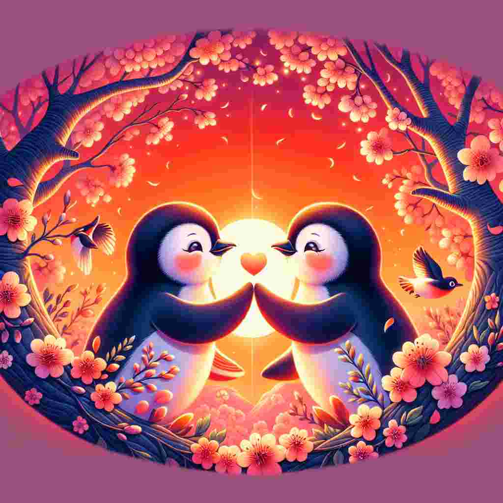 An enchanting illustration intended for Valentine's Day, showcasing a pair of delightful penguins affectionately holding flippers. They are delicately positioned within a lush grove of cherry trees, which are blossoming vibrantly. A background of vibrant orange hues from a sunset douses the entire scene, illuminating the tender connection the penguins share in a warm, amorous light.
Generated with these themes: Penguins, Cherrys, and Orange sunset.
Made with ❤️ by AI.