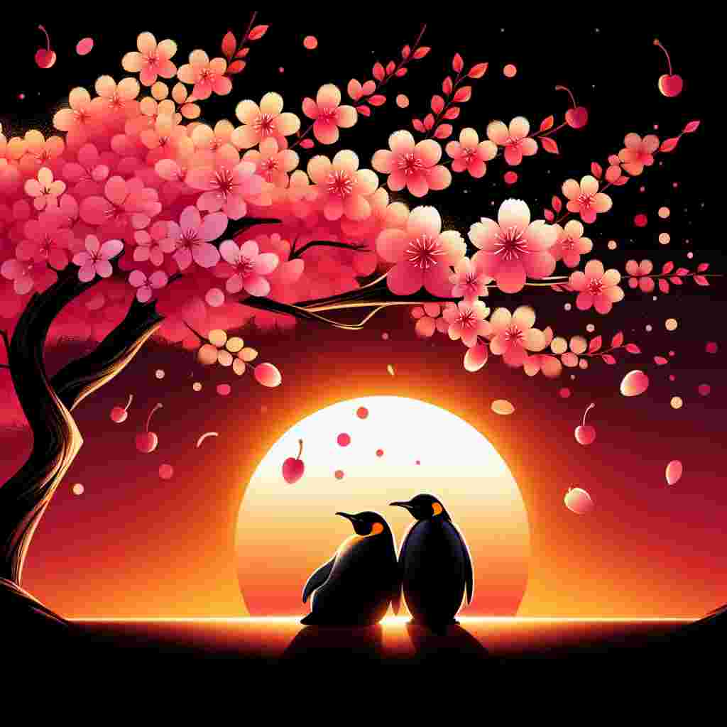 The image portrays a radiant orange sunset serving as an illuminating backdrop. In the foreground, a pair of penguins are gracefully seated under a blooming cherry tree, its vibrant pink blossoms adding a subtle contrast to the scene. The sweetness of the falling cherries and the luminous warmth of the sunset merge into an elegant illustration endorsing the spirit of Valentine's Day.
Generated with these themes: Penguins, Cherrys, and Orange sunset.
Made with ❤️ by AI.