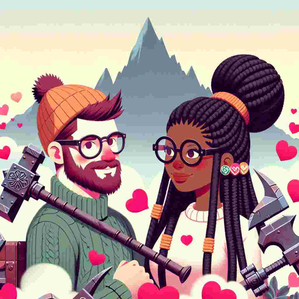 Create an image capturing the essence of Valentine's Day. The scene features an Irish man with sleek dark hair, glasses, and a snug wooly hat, and a Jamaican woman adorned with neat box braids and trendy glasses. They exchange affectionate glances amongst a flurry of whimsical hearts. Each is gripping a Warhammer, showcasing their unique bond over the game. Facing a large, silhouetted mountain in the background, they signify the strength of their partnership and the challenges they tackle together.
Generated with these themes: Irish man with dark hair wearing glasses and a wooly hat, Jamaican woman with box braids wearing glasses, Glasses, Hearts, Warhammer, and Climbing mountain.
Made with ❤️ by AI.