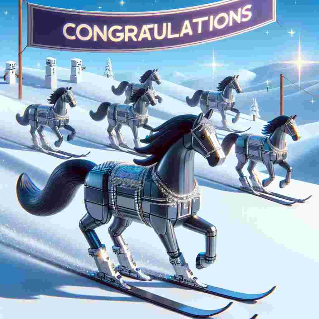 An imaginative scene featuring horses with sleek, glossy coats and enchanting winter outfits smoothly skiing down a snowy mountainside, their skis effortlessly cutting through the glistening snow. With them, unique figures shine, resembling block-shaped characters in a popular online gaming universe, their geometric forms standing in contrast with the flowing motion of the skiing horses. Overhead, a banner flutters in the cool mountain wind, marked with a celebratory 'Congratulations,' recognizing the impressive accomplishment warranting this whimsical and dreamlike celebration.
Generated with these themes: skiing horses roblox.
Made with ❤️ by AI.
