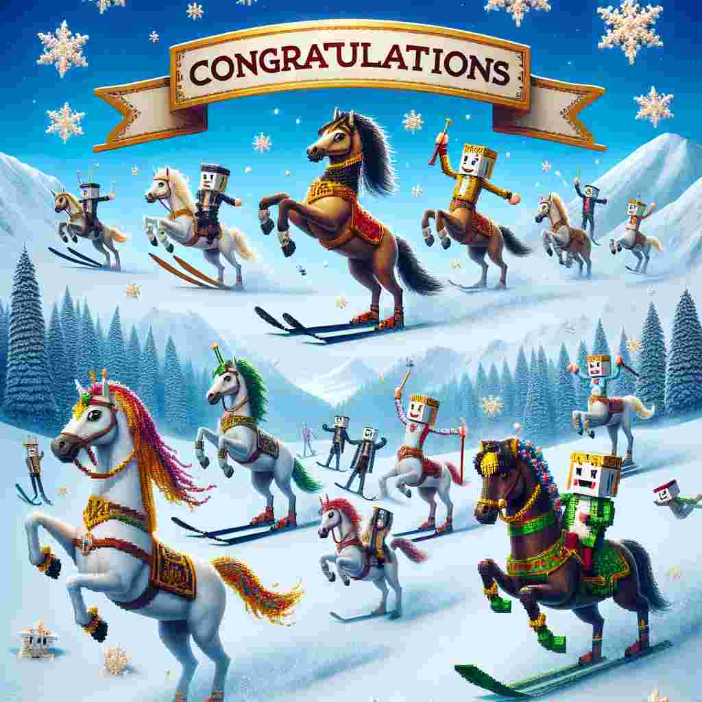 In this enchanting image, we see a remarkable scenario of merriment: horses adorned with skis, their manes flowing in the frosty breeze, are racing down a mountainous ski slope. These skiing horses are accompanied by playful, blocky video game-like characters. Each one celebrates a recent success with animated movements and vivid, blocky grins. They skip and spin around snowflakes that pirouette through the air, creating a tableau of victory and surreal magnificence, while a banner above portrays 'Congratulations' in bold, imaginative lettering.
Generated with these themes: skiing horses roblox.
Made with ❤️ by AI.