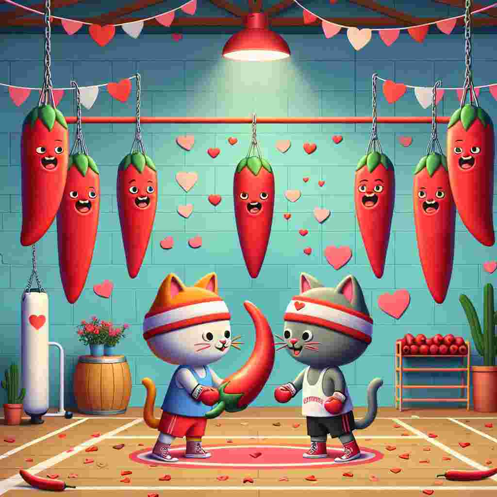 Let's explore a whimsical scene. Set inside a gymnasium adorned with Valentine's day decorations, two caricatured felines, each wearing sweatbands, share a playful yet touching moment. In their little game, they are passing a chili pepper to each other like it's a symbol of love. In this unique setting, the gym is equipped with uncharacteristic equipment- punching bags in the shape of chili peppers hanging from the ceiling. Furthermore, the floor is bedecked with heart-shaped confetti consequently, adding to the festivity of the Valentine's day theme.
Generated with these themes: Cat, Chilli, and Gym.
Made with ❤️ by AI.