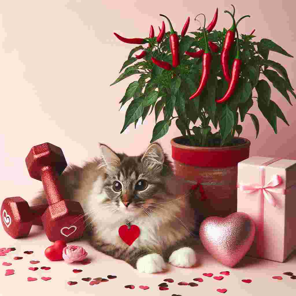 A festive Valentine's Day illustration showcasing a fluffy, wide-eyed feline resting comfortably, donning a heart-shaped tag. The feline companion is staged adjacent to a pot of rich crimson chili plants, graced with petite heart balloons. Present in the backdrop are heart-patterned fitness weights leaning on a mild pink surrounding sprinkled with confetti, ingeniously interlacing themes of affection, wellbeing, and cosiness.
Generated with these themes: Cat, Chilli, and Gym.
Made with ❤️ by AI.
