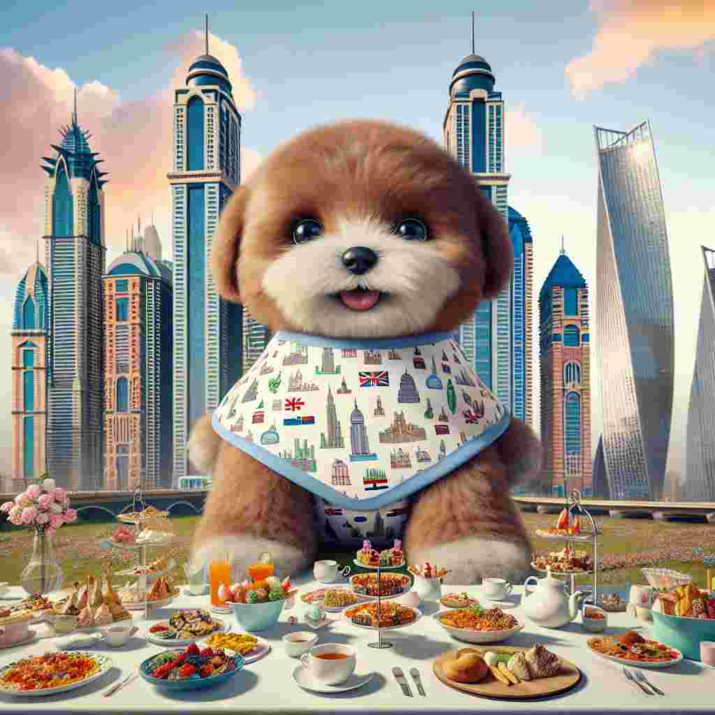 Imagine a surreal yet realistic scene representing a baby celebration, combining elements of both Dubai and London. Picture the iconic skyscrapers of these cities transforming into giant baby blocks under a sky brightened with gentle pastel colours. In the middle of this setting stands a large, cute, one-of-a-kind family pet, an oddle, donning a bib featuring landmarks from both cities. Surrounding the oddle are tables abundant with a global mix of scrumptious cuisines and beverages ranging from British high tea treats to Middle Eastern mezze, all festively displayed to celebrate the arrival of the baby.
Generated with these themes: Dubai, London, Their oddle , and Good food and drinks.
Made with ❤️ by AI.