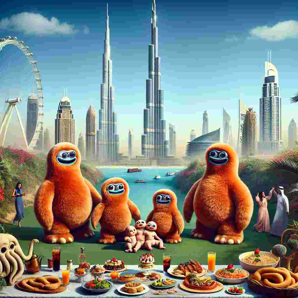 Picture a surreal yet realistic scene illustrating a family celebration with a unique twist. The setting is a captivating garden that blends aspects of Dubai and London. The iconic Burj Khalifa and Big Ben are depicted as mammoth baby rattles, injecting a sense of playfulness into their majesty. A striking plush oddle, an original and endearing family toy, commands attention in the center of the celebration. It is enc Circled by a diverse array of delicious food and refreshing beverages, the spread symbolizes the marriage of diverse cultures. Further enhancing the festive atmosphere are intricate sand sculptures representing the London Eye and Palm Jumeirah. These serve as imaginative centerpieces, contributing greatly to the magical ambiance of this unique family gathering.
Generated with these themes: Dubai, London, Their oddle , and Good food and drinks.
Made with ❤️ by AI.