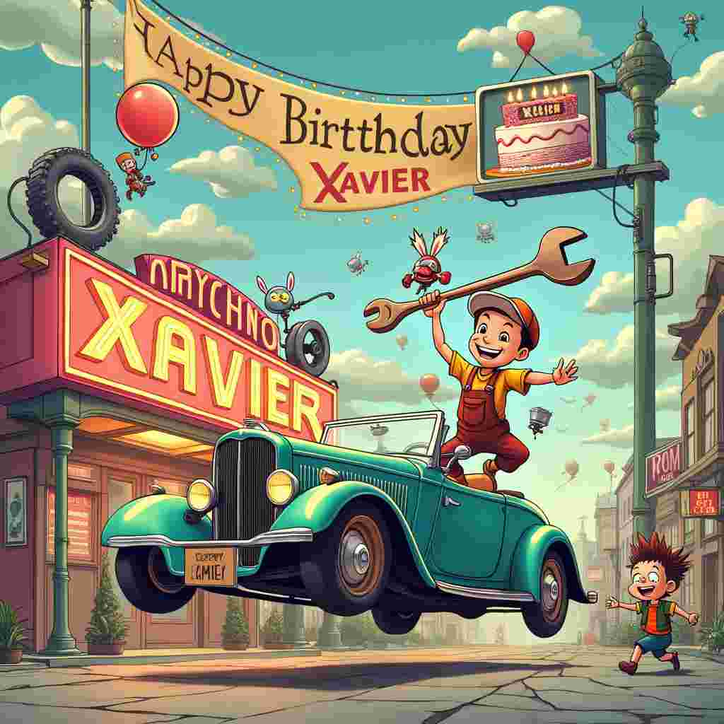 In the front cover of this surreal cartoon birthday greeting card, we find ourselves in a whimsical world that merges the familiar with the fantastical. The backdrop is a lively and quirky cityscape with buildings that seem to curve and twist like they’re made of rubber. At the center, there is an unusual car that looks like a hybrid between a vintage convertible and a cartoon hot rod. The car is propped up on a pedestal, with its wheels spinning in mid-air, suggesting it's undergoing some kind of maintenance.

To the left, a cheerful mechanic, dressed in overalls and a cap, is floating in the air, holding a giant spanner that looks too big for any real-life car. He’s smiling broadly and appears to be tinkering with an invisible engine part. Nearby, a neon-lit sign shop catches the eye. Its marquee sign is comically overloaded with words, some of which flash intermittently. The sign reads “Happy Birthday Xavier!” in bright, bold letters, each letter dancing with colorful animations.

To the right, there's an assembly line with robotic arms, each one holding a different birthday-related item – a balloon, a cake, a gift box, and a party hat. These items are being transferred into the magical car, as if it's being transformed into the ultimate birthday vehicle.

Above, the sky is a canvas of surreal clouds shaped like various car parts – a muffler, a steering wheel, a tire – all intricately formed and floating gently. Among these clouds, a banner carried by cartoon birds spells out “Happy Birthday Xavier!” The birds have exaggeratedly large, expressive eyes, adding to the whimsical charm.

In the background, a giant billboard depicts a cartoonishly large cake with candles that spell out "Xavier." The cake appears to be the centerpiece of a fantastical birthday celebration, complete with tiny animated figures cheering and waving streamers.

Adding a touch of manga-inspired flair, a pair of characters reminiscent of Tezuka’s style, maybe a cute robot and a little boy with spiky hair, are seen running towards the car, their expressions filled with excitement and joy. 

Every element is infused with a playful, imaginative spirit, blending inspirations from classic cartoonists to create a unique and detailed scene that tells the story of Xavier's special day in a fantastical, working, car-centric wonderland.
Generated with these themes: Working , Car, and Sign shop.
Made with ❤️ by AI.