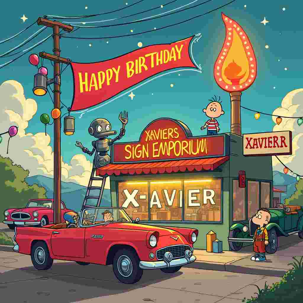 In a surreal cartoon birthday scene, the front cover bursts to life with vibrant, whimsical elements inspired by the masters of comic artistry. Picture a bustling car and sign shop situated at the corner of "Peanut Boulevard" and "Astro Alley," a nod to our comic inspirations. The shop is a delightful chaos of activity, with colorful, anthropomorphic cars lined up for service, each with expressive faces reminiscent of Disney's "Cars."

At the forefront, a cheerful, talking red convertible is having its sign custom-painted by a humanoid robot, a charming homage to Osamu Tezuka’s Astro Boy. The robot delicately holds a paintbrush, inscribing “Happy Birthday Xavier!” on a giant banner that drapes from the shop’s roof. The banner is festooned with playful balloons and streamers, giving it a festive touch.

Next to the robot, a cartoon character with a striking resemblance to Calvin from "Calvin and Hobbes" is perched on a step ladder, adjusting a neon sign that reads "Xavier's Sign Emporium" in dazzling colors. His expression is one of focused mischief, suggesting he's up to some birthday-themed antics.

In the background, the shop is alive with animated tools and signs; a hammer and wrench dance a jig while a neon sign in the shape of a birthday cake flashes intermittently, drawing the eye to the right side of the cover. Above the shop, the sky is a dreamscape worthy of Winsor McCay, with fluffy clouds forming the letters "X-A-V-I-E-R" in a sequence that spell out "Happy Birthday" as they float across the blue expanse.

To the left, an old-timey car from Hergé’s Tintin universe is parked with a comical mechanic dog, looking very Gary Larson-esque, holding a wrench in its mouth and a bemused expression. The dog wears a tool belt, and beside him, a quirky sign shaped like an oversized birthday candle reads, “Best Birthday Tune-ups Here!” in retro, R. Crumb-inspired lettering.

Overhead, a cheerful parade of birds, each sporting tiny birthday hats and streamers, carry small signs in their beaks spelling out "Happy Birthday Xavier!" as they soar towards the horizon. The entire scene is encapsulated in a rich, detailed, comic style, blending the surreal and the festive in a delightful birthday celebration for Xavier.
Generated with these themes: Working , Car, and Sign shop.
Made with ❤️ by AI.