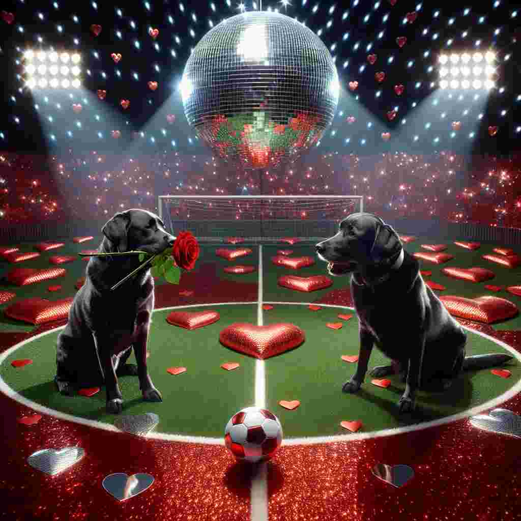 In this delightful Valentine's Day tableau, two Black Labrador Retriever dogs are situated on a disco-themed soccer field. One Labrador is seen with a red rose capsulated in its mouth, looking affectionately at the other Labrador. They stand amidst the brilliance of a shimmering disco ball emitting a warm, heartfelt light across the field adorned with goalposts shaped like hearts. The scene conveys a unique amalgamation of sportiness and dance, creating a perfectly festive and romantic ambiance.
Generated with these themes: Black Labrador , Soccer , Disco, and Sports.
Made with ❤️ by AI.