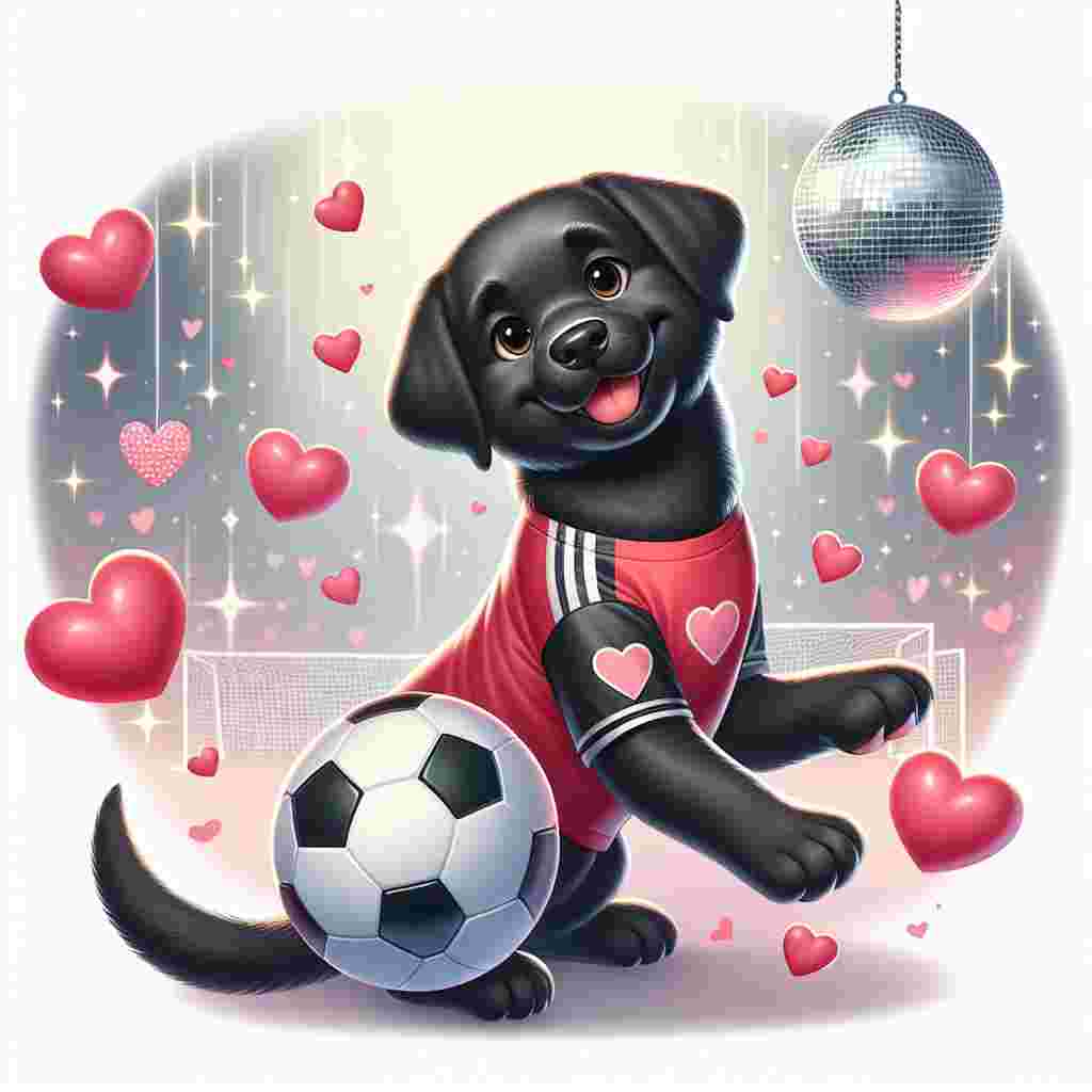 Create a charming Valentine's Day illustration that showcases a cheerful Black Labrador. In the image, the labrador is shown with a loving gaze, surrounded by floating hearts. He's wearing a soccer jersey and strikes a playful pose with a soccer ball at his paws. The background should feature a disco ball that reflects soft, romantic hues across a whimsical sports arena. Both the themes of love and active fun are seamlessly blended in this setting.
Generated with these themes: Black Labrador , Soccer , Disco, and Sports.
Made with ❤️ by AI.