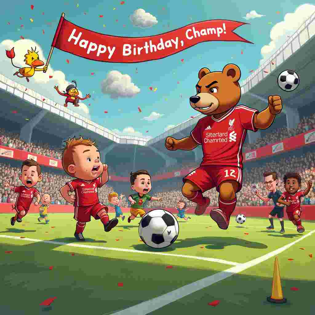 The front cover of the birthday greetings card features a vibrant, action-packed scene set on an exaggeratedly oversized soccer pitch in Anfield Stadium, the home of Liverpool Football Club. In the foreground, we see a group of soccer starz characters (chibi-style, exaggerated caricatures) playing a zany game of soccer. Each player wears a bright red Liverpool jersey, with prominent white accents and the iconic Liverbird emblem on the chest.

At the center of the scene is a comically tiny, but intensely focused, Cubs mascot bear dressed in a miniature Liverpool kit. This Cubs bear is dribbling a soccer ball that's nearly half its size, determined to score a goal against a towering goalie, who is an exaggerated version of Liverpool's famed goalkeeper Alisson Becker. The bear's expression is one of fierce concentration, while Alisson's exaggeratedly large hands and serious face show he's ready for the challenge.

In the background, the stands are filled with a mixed crowd of Liverpool fans and animated Cubs characters, each sporting a mix of team gear and waving flags or banners. These fans are drawn with exaggerated, expressive faces and are engaged in over-the-top reactions - jumping, cheering, and waving their arms in excitement. The stadium itself is detailed with the Anfield sign and famous Shankly Gates, but with a cartoonish twist, featuring oversized elements and bright, saturated colors.

Above the main action, a banner tied to two whimsical clouds floats across the sky. The banner reads "Happy Birthday, Champ!" in a playful, bold font with confetti and soccer balls dotting the background. A couple of birds (reminiscent of Woodstock from Peanuts, but with their own unique twist) are pulling the banner with comically strained expressions.

On the sidelines, a referee blows a whistle with exaggerated puffed cheeks, and a cluster of other Soccer Starz characters are huddled, engaging in a mix of shenanigans—some playing with oversized cones, others balancing on soccer balls, and a few attempting acrobatic tricks. The grassy field is lush and vividly green, with comically large white lines marking the pitch.

The card is bursting with activity and detail, inviting the viewer to spend time exploring each humorous and imaginative element, all while celebrating the themes of soccer, Liverpool FC, and the Cubs with a whimsical, birthday twist.
Generated with these themes: Soccer starz, Liverpool football club, and Cubs.
Made with ❤️ by AI.