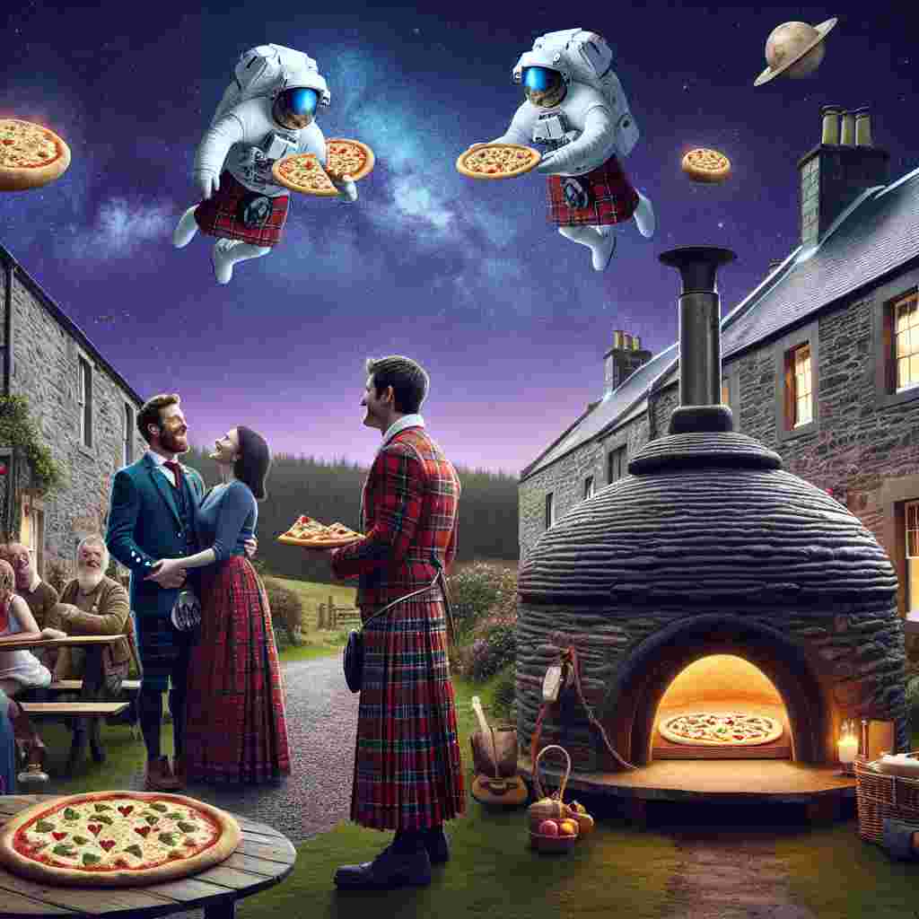 Create a Valentine's day scene set in a picturesque Scottish village. In the heart of this village, let's have couples of diverse descent and gender, gathered around a stone-baked pizza oven distinctively shaped as a UFO, and topped with slices of delicious pizza featuring the finest Scottish cheeses. The night sky overhead is a deep cosmic shade, vividly decorated by stars making up the constellation of 'The Great Cheddar'. Above this terrestrial scene, astronauts donning traditional Scottish attire - kilts, float in space, each offering a slice of pizza to their partners. This image combines the rustic romance of Scotland with a sprinkle of space oddity.
Generated with these themes: Cheese, Space, Scotland, and Pizza.
Made with ❤️ by AI.