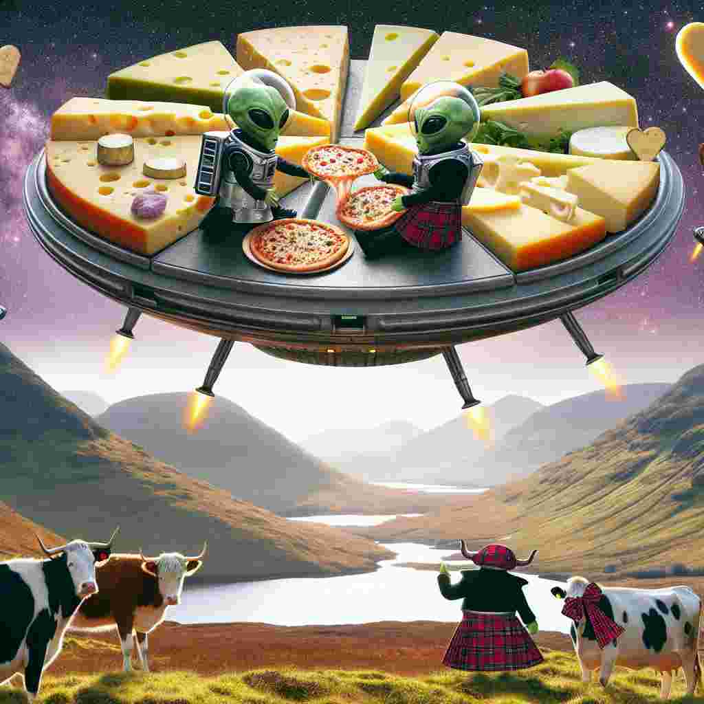Create an image of a whimsical Valentine's Day card. The main feature of the card is a cheese-platter spaceship soaring over the scenic Scottish Highlands. The spaceship is unique as each compartment holds a different type of cheese. The center of the spaceship is occupied by alien characters dressed in traditional Scottish kilts, sharing a heart-shaped pizza. This sci-fi scene humorously merges with the earth beneath where cows, adorned with tartan bows, look up in amazement. This entire scenario beautifully embodies a metaphor of interstellar love that is deliciously infused with the essence of Scottish tradition.
Generated with these themes: Cheese, Space, Scotland, and Pizza.
Made with ❤️ by AI.