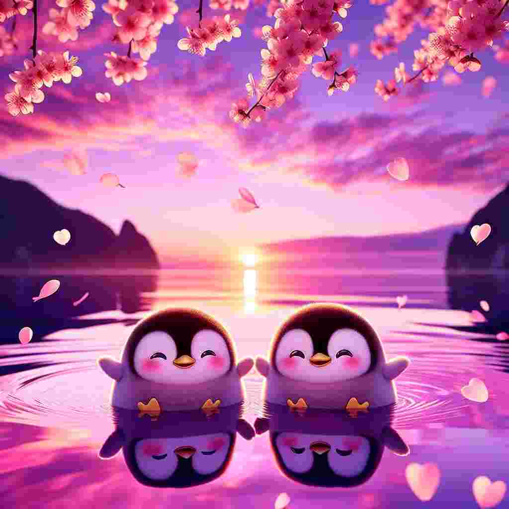 Imagine an enchanting scene under a romantic sunset that subtly changes from a soft shade of violet to a blush pink. In the front, two adorable and chubby penguins are seen holding flippers. They are surrounded by gently falling cherry blossoms which echo the beautiful colors of the evening sky. The pristine ocean mirrors the beauty of the sunset, creating a breathtaking backdrop for the penguins, who seem to be lost in a dreamy Valentine's Day embrace.
Generated with these themes: Penguins, Cherrys, and Sunset.
Made with ❤️ by AI.