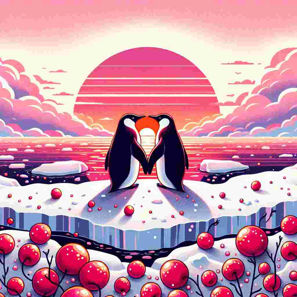 Create a whimsical Valentine's Day illustration. The image features two penguins standing at the edge of an ice floe. Their flippers are entwined together, indicating a gentle bond. They are gazing into a horizon that's gradually melting; the sun dips into it, turning the sky into a beautiful palette of pink and orange hues. Scattered across their vicinity, there are clusters of bright red cherries. These cherries add vivid splashes of color to the scene, symbolizing the sweetness and depth of the penguins' bond.
Generated with these themes: Penguins, Cherrys, and Sunset.
Made with ❤️ by AI.