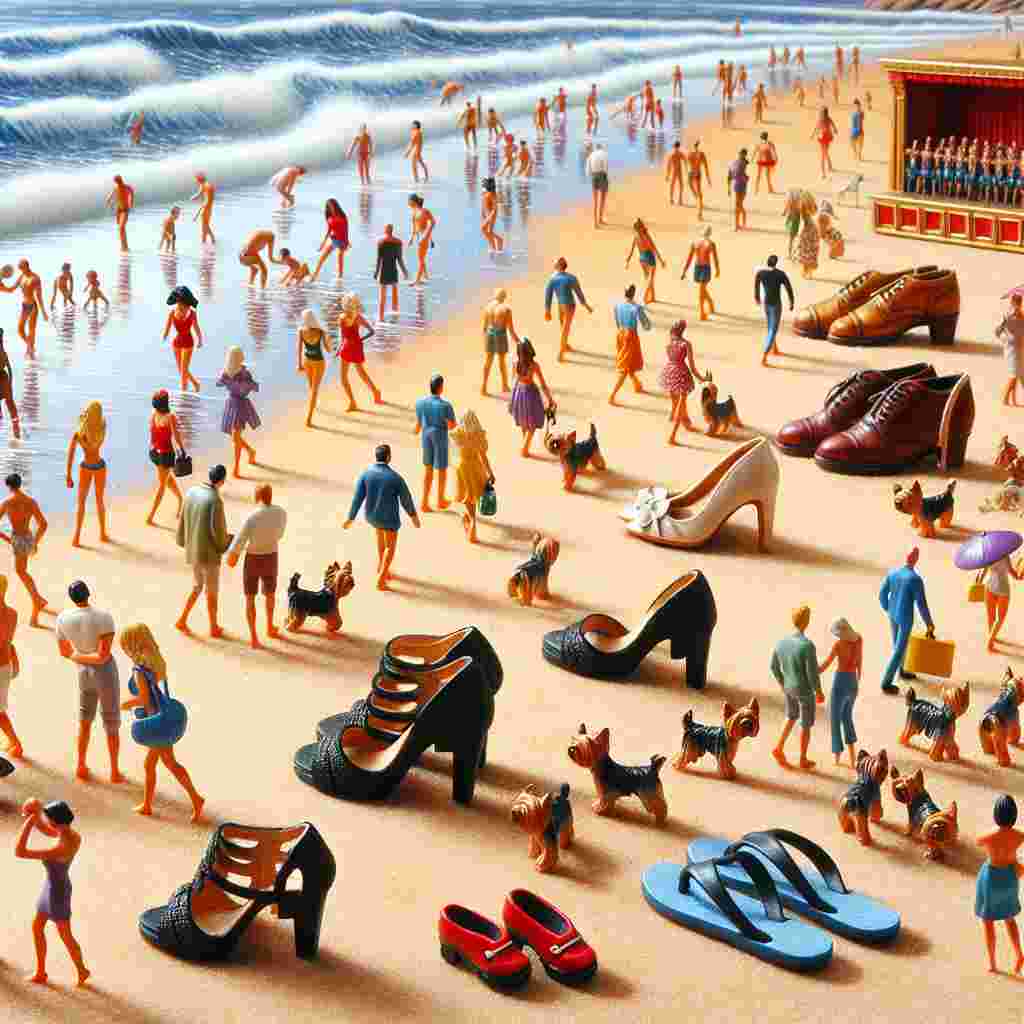 Depict a Valentine's Day scene on a picturesque beach where the golden fine sand encounters the gentle lapping of waves. Diverse couples leisurely wander along the shore, their footprints punctuated by the soft patter of Yorkshire terriers scurrying around them. Scattered about are pairs of footwear, from sophisticated high-heeled styles to cozy flip-flops, suggesting spur-of-the-moment walks taken arm in arm. In the background, a miniature, lively variety show adds an element of thrill, with performers of varying races and genders in love-themed outfits entrancing the beach patrons with their passionate performances.
Generated with these themes: Beaches, Shoes, Burlesque, and Yorkshire terriers .
Made with ❤️ by AI.