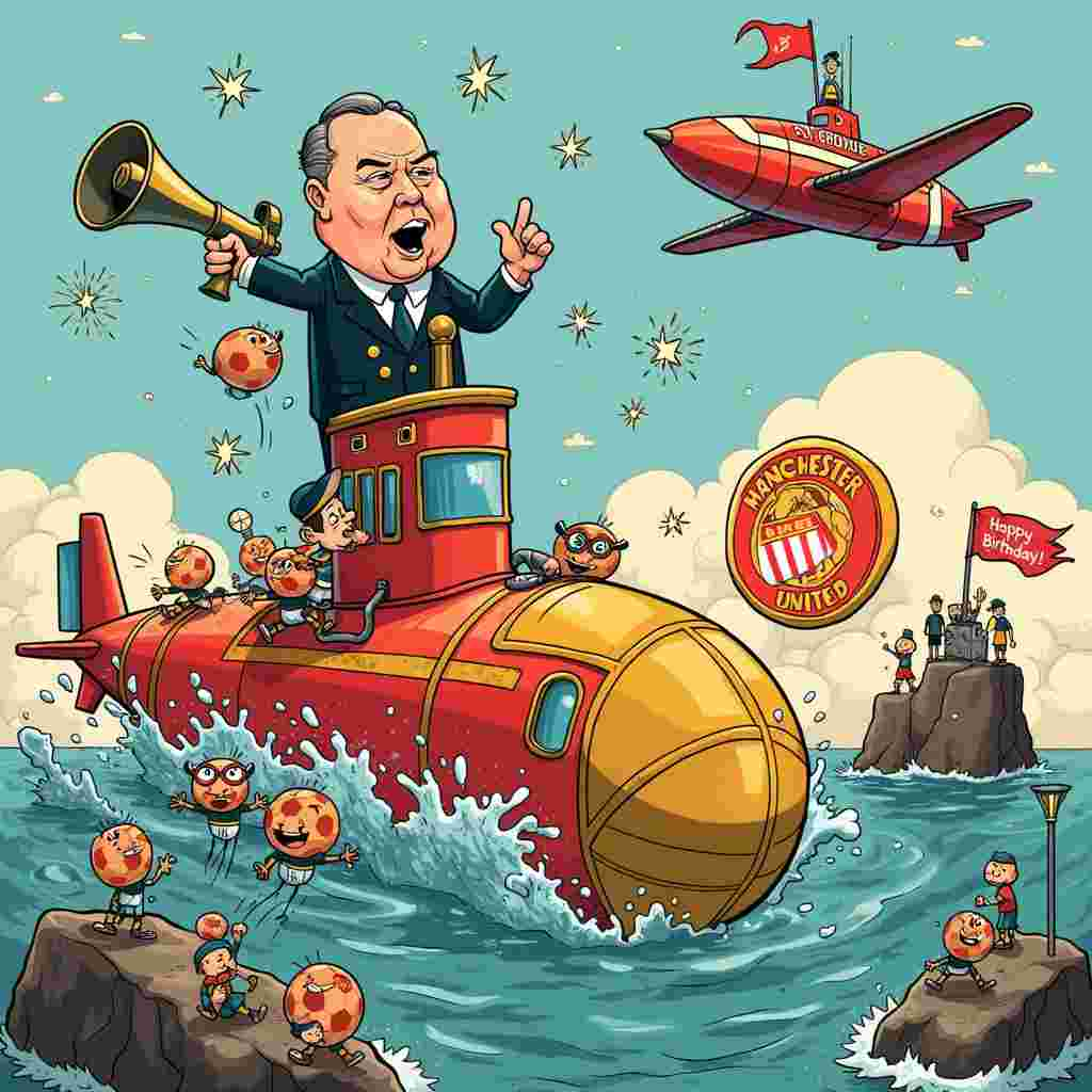 In the foreground of the birthday card, a robust, cartoonish submarine breaches the surface of a lively, football-themed ocean. The submarine is painted with Manchester United's iconic red and gold colors, and a caricatured Winston Churchill stands on top, holding a football in one hand and a periscope in the other. The periscope humorously transforms into a goal post at the top, with a football net extending from it, catching a series of footballs launched by an energetic crew of Manchester United players.

Beside the submarine, Franklin D. Roosevelt, dressed in a sleek World War II-era naval uniform, stands in a motorboat emblazoned with "The West Wing." He's animatedly shouting orders through a vintage megaphone, directing a line of Manchester United players who are clambering aboard the submarine, each balancing a football on their heads. 

In the background, amidst a battlefield of playful water splashes, there’s a playful mix of submarine periscopes and football goals popping out of the water. Cartoon footballs with cheerful faces bounce off the periscopes, attempting to score goals. On one of the periscopes, a football wearing aviator goggles and a pilot's scarf gives a thumbs-up.

A Manchester United flag flutters from the submarine's mast, while tiny, animated stars and fireworks burst in celebration around it, reminiscent of the energetic style of Bill Watterson’s Calvin and Hobbes. 

To the right, a large, iconic Manchester United logo appears on the side of a barnacle-covered rock, with Tintin and Snowy looking on curiously from their famous red and white rocket ship perched atop it. 

Above this joyful chaos, the sky is bright blue, dotted with comically shaped clouds resembling footballs. A vintage airplane with Amelia Earhart at the helm flies a banner that reads, “Happy Birthday!” in bold, cheerful letters, inspired by the lettering style of Charles Schulz.

In the lower left corner, R. Crumb’s exaggerated characters – perhaps a few Manchester United fans – joyously celebrate with oversized birthday cakes decorated in red and gold frosting, standing in knee-deep water.

The whole scene is imbued with a mix of historical whimsy and football fandom, creating a lively, dynamic composition that tells a vibrant, unique birthday story.
Generated with these themes: Second world war , Submarines , Football, Manchester united, and The west wing.
Made with ❤️ by AI.