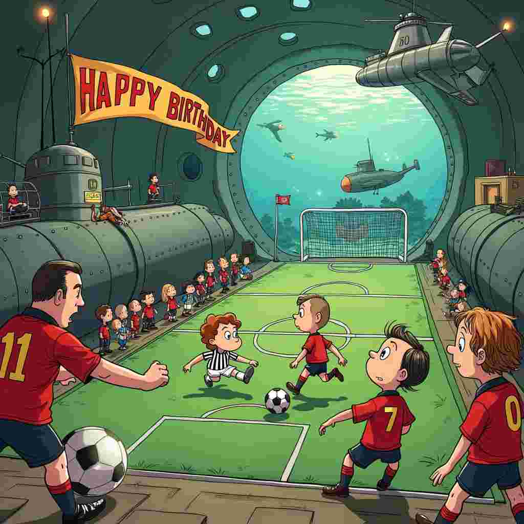 Sure, let's dive into a quirky, hilarious, and fantastical birthday scene that merges these diverse themes into one unforgettable greeting card cover!

---

In the foreground, we see a vibrant soccer pitch set inside a cavernous World War II-era submarine. The submarine's interior walls are lined with riveted steel, complete with rust patches and dim, flickering overhead lights casting long shadows. A goalpost, crafted from torpedo tubes, stands at either end of the makeshift field. 

On the pitch, cartoonish football players are dressed in exaggerated Manchester United kits, with oversized logos and comically large cleats. The players' expressions are exaggerated with wide, determined eyes and exaggerated poses, reminiscent of Bill Watterson's Calvin and Hobbes. 

Right in the middle of the field, the action is wild. A Winston Churchill caricature, donning a tweed Manchester United scarf, is attempting to dribble a soccer ball away from a similarly cartoonish Franklin D. Roosevelt. Both are drawn with a touch of Osamu Tezuka’s expressive style. Above them, perched in the conning tower of the submarine, is President Josiah Bartlet from "The West Wing," furiously shouting down tactical commands with a megaphone, while wearing a Manchester United hat and scarf. 

Peeking out from one of the submarine's torpedo ports is a beagle resembling Snoopy, dressed in a vintage football referee's outfit, complete with a black and white striped shirt and a whistle. He’s ready to blow the whistle on any foul play, adding a Charles Schulz-inspired element to the scene.

In the background, a large, panoramic window reveals the underwater world outside the submarine. Fish and a curious octopus, with wide, expressive eyes akin to Hergé’s Tintin characters, watch the game unfold from the ocean depths. On the ocean floor, a World War II tank has been repurposed as a water cooler station, with players from both teams grabbing quick sips during the action.

Hovering near the ceiling of the sub, an airplane banner towed by a playful dolphin displays the words, "Happy Birthday!" in big, bubbly letters, bringing a touch of Gary Larson’s The Far Side absurdity to the scene.

The blend of these whimsical elements, historical figures, and sports action all wrapped up inside a submarine setting ensures that this card will be as unforgettable as the birthday it celebrates!

---
Generated with these themes: Second world war , Submarines , Football, Manchester united, and The west wing.
Made with ❤️ by AI.