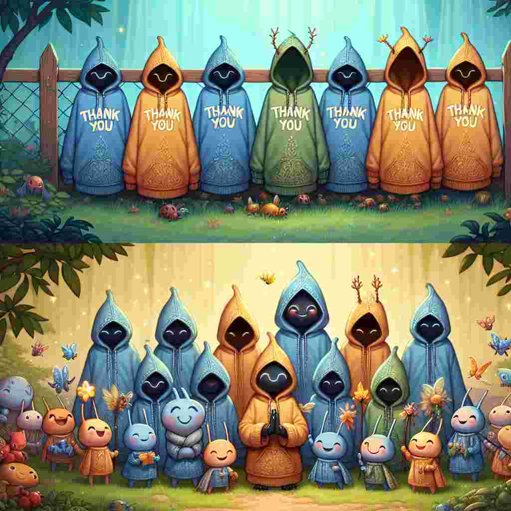 In the second version of the picture, charming and comfortable hoodies with 'Thank You' inscribed on them are hung over a fence in a magical, fairy-tale landscape. Each hoodie is decorated with elements reminiscent of mythical creatures' magic. Under the hoodies, a cheerful group of cartoonish bugs and insects form a 'Thank You' procession, bearing minuscule banners and flowers, symbolizing gratitude and thankfulness.
Generated with these themes: Hoodies, My little pony, Bugs, and Insects.
Made with ❤️ by AI.