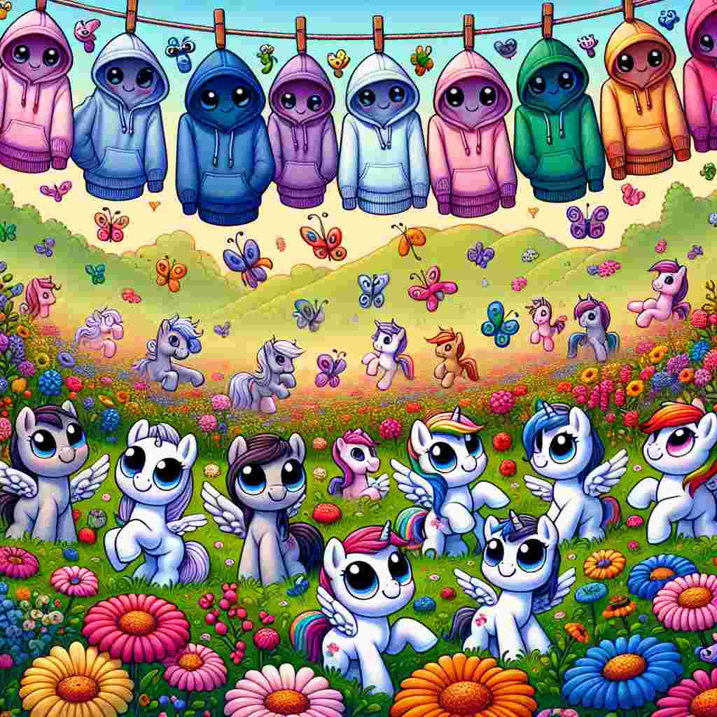 An enchanting illustration with a multitude of cute, cartoon-like hoodies hanging on a line above a lively scene brimming with frolicking, joyous ponies in a vibrant meadow filled with multicolored flowers. Amid the flowers, you can spot small, enchanting bugs and insects, each having exaggerated, expressive eyes and a broad smile, waving appreciatively.
Generated with these themes: Hoodies, My little pony, Bugs, and Insects.
Made with ❤️ by AI.
