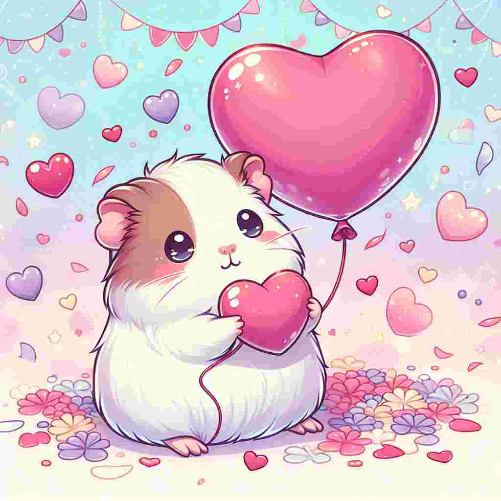 Generate an illustration representing a charming Valentine's Day scenario, where an adorable single guinea pig is holding a heart-shaped balloon in its tiny paws. The background is filled with pastel colors and it's scattered with confetti and smaller hearts, radiating a festive atmosphere and the spirit of love.
Generated with these themes: Guinea pig.
Made with ❤️ by AI.