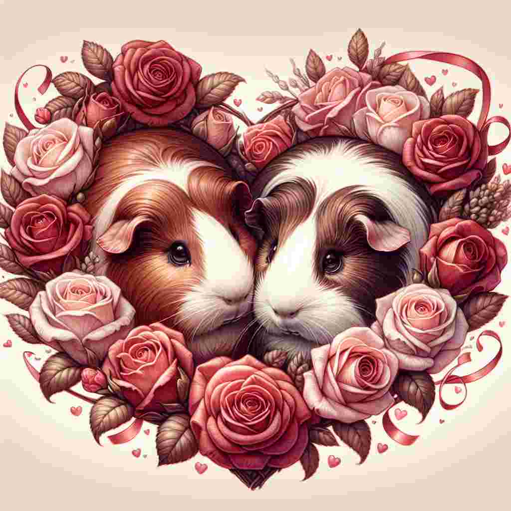Create an endearing Valentine's Day illustration which showcases two guinea pigs ensconced within a heart-shaped wreath. The wreath is elegantly decorated with roses, ribbons, and tiny hearts. The pair of guinea pigs are nestled close together, exchanging a gentle, love-filled gaze. Detail their fur with a combination of browns and whites to enrich the warm, inviting atmosphere of the scene. The depiction should emit a sense of love, closeness, and companionship.
Generated with these themes: Guinea pig.
Made with ❤️ by AI.