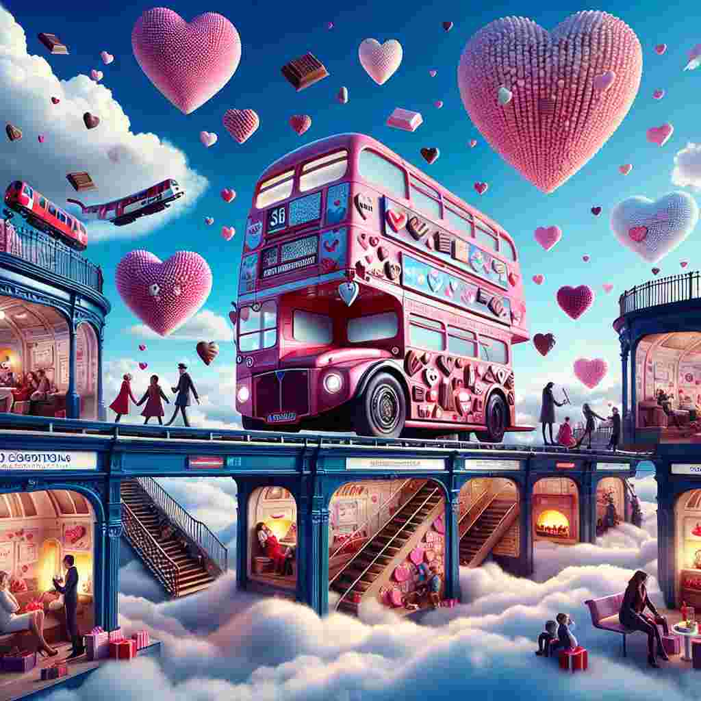 Imagine a dreamy Valentine's Day setting with a playful twist. Picture a double-decker bus in hues of candy pinks and blues, levitating among heart-shaped clouds in London's brilliant blue sky. The bus is decorated with tantalizing garlands made of life-size chocolate bars, appearing to make its journey between Underground stations depicted as cozy fireplaces. The stations are filled with couples of diverse descents and genders, savoring warm, golden cider. In the backdrop, families of various descents, happily mingle and exchange presents while trains playfully twist like affectionate roller coasters. Their compartments reverberate with moments of love and hearty laughter.
Generated with these themes: Bus, Train, London underground, Cider, Holidays, Chocolate , and Family.
Made with ❤️ by AI.