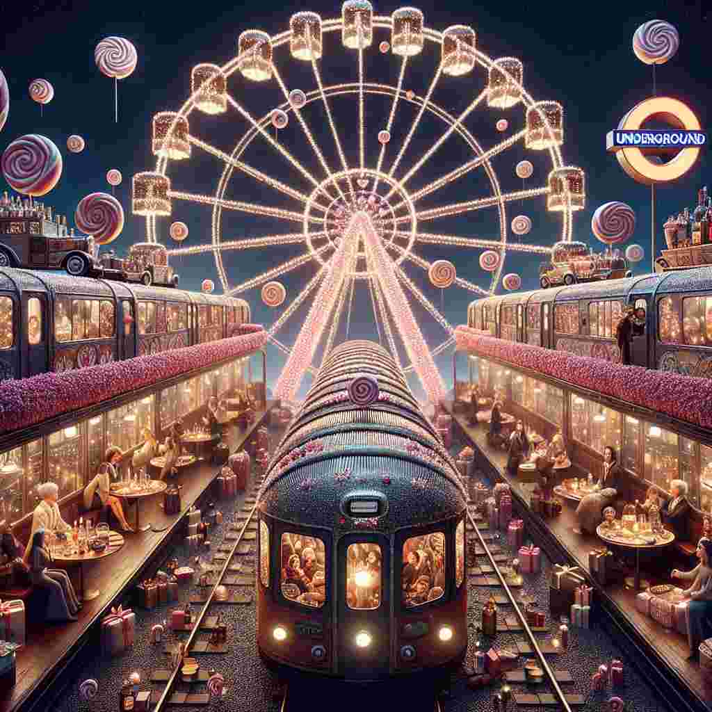 Generate a romantic and surreal image where a vintage train adorned with strings of chocolates travels on a pink cotton candy track. The train circles around an enormous Ferris wheel, which is designed to look like a London Underground sign. This scene is set against a starry holiday night. Familiar figures of varying descents and genders are nestled inside the train's cozy compartments, sharing bottles of sparkling cider while exchanging heartfelt stories. In the near foreground, a bus is transformed into a bustling dining room for families, serving meals full of love under a glowing heart-shaped balloon.
Generated with these themes: Bus, Train, London underground, Cider, Holidays, Chocolate , and Family.
Made with ❤️ by AI.