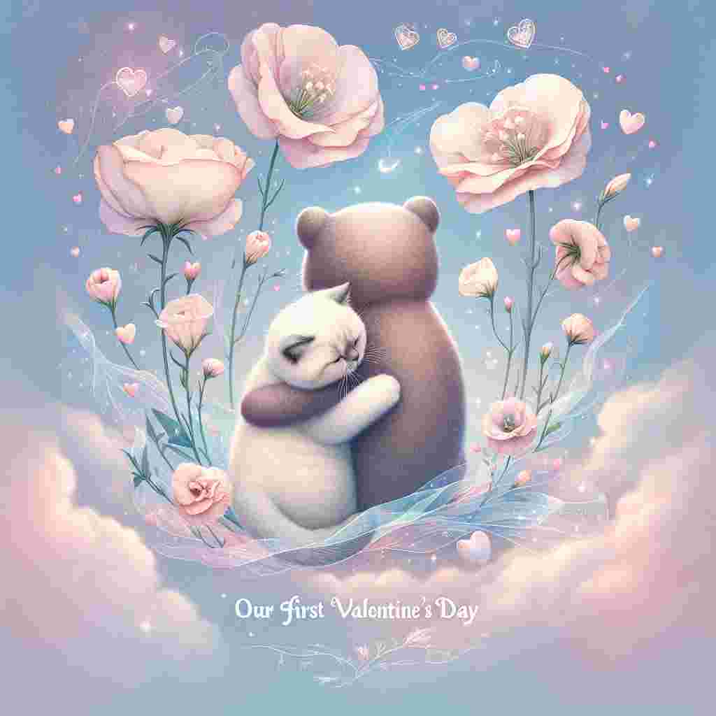 Create a surreal Valentine's Day illustration featuring the soft silhouettes of a British short hair cat and a bear, tucked together in a whimsical hug, floating amid a pastel sky. Surround them with a whimsical wave of lisianthus flowers, projecting a sense of tranquility. Delicate hearts appear all over the space, enhancing the scene's magical vibe. Above them, the phrase 'Our First Valentine’s Day' is written in a fanciful typeface intertwined with the stars, contributing to a romantic, starry theme in the artwork.
Generated with these themes: British short hair cat, Bear , Lisianthus Flowers , Hearts , Hug , and Word “ Our First Valentine’s Day “ .
Made with ❤️ by AI.