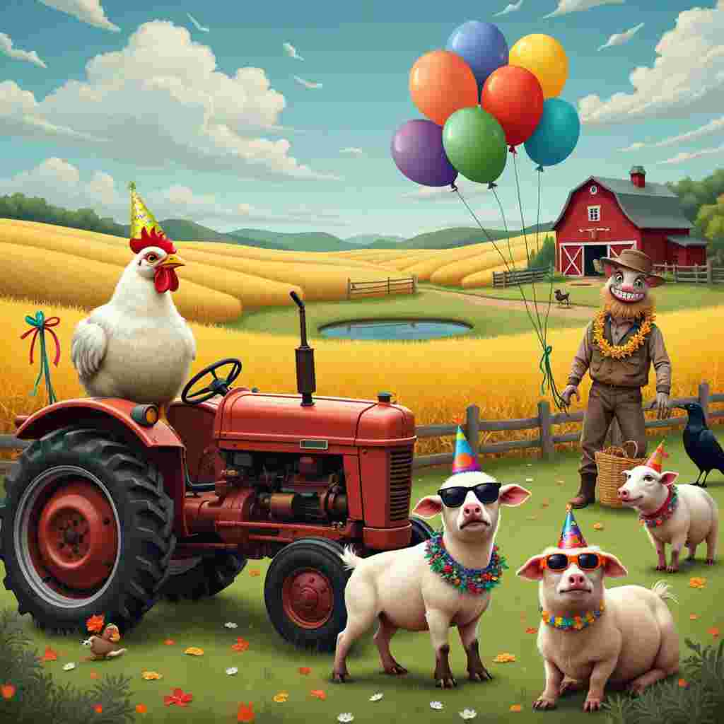 In the foreground of the birthday greeting card, there's a mischievous-looking chicken wearing a tiny party hat perched on the steering wheel of an old, yet charmingly red tractor. The tractor has seen better days, with patches of rust and dings adding character, but it’s festooned with colorful birthday balloons tied to its exhaust pipe and mirrors. The chicken is flanked by a pair of sheep, one with a comically oversized party blower in its mouth and the other wearing a "Happy Birthday" banner around its woolly neck.

Behind them stretches a vast, idyllic farm scene. Rows of golden cornfields and lush green pastures spread out under a bright blue sky dotted with fluffy white clouds. Near the horizon, a barn painted a classic red with white trim stands proudly. A few cows, also dressed up for the occasion with party hats and streamers, are scattered around, some munching on hay while others seem to be curiously watching the chicken on the tractor.

To the right of the scene, there's a wooden fence with a couple of pigs sticking their snouts through the gaps, wearing oversized sunglasses and leis as if they’re ready for a luau. A little closer to the viewer, a small pond reflects the blue sky and has a couple of ducks quacking happily with tiny birthday crowns on their heads.

In the middle of all this, there's a scarecrow in the field, but instead of scaring crows, it’s dressed up like it's ready to party – with a huge grin painted on its face, a bowtie, and holding a bunch of colorful balloons. The crows seem to have taken the day off to celebrate, leaving their usual perch on the scarecrow’s arms.

The entire scene is bursting with details, like a basket of freshly picked vegetables sitting next to the tractor, a dog with a party hat chasing its tail, and a cat lounging on a hay bale with a "Birthday King/Queen" sash. Every inch of the scene is alive with farmyard animals and decorations, each adding to the hilarious and lively birthday celebration on the farm.
Generated with these themes: farming, ranching, tractors.
Made with ❤️ by AI.