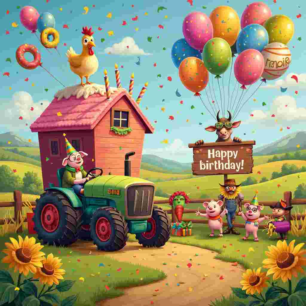 Picture a vibrant, sunny day on a whimsical farm where reality and imagination collide. The front cover of the birthday card features an animated, bustling scene. At the forefront is a charismatic chicken wearing a tiny party hat, standing atop a gigantic birthday cake shaped like a barn. The barn-cake is adorned with colorful frosting and topped with candles that resemble mini windmills. To the right, a jolly cow is blowing up balloons that float around like thought bubbles, each balloon depicting farm-related items such as ears of corn, hay bales, and pitchforks.

In the background, a quirky-looking tractor, painted in rainbow colors, has its wheels replaced with oversized donuts, and it’s being driven by a mischievous goat wearing aviator goggles. The tractor is pulling a wagon full of gift-wrapped presents and squealing piglets that are playing with confetti cannons, launching bursts of glitter into the air. To the left, a scarecrow is strumming a banjo while a group of animated, anthropomorphic vegetables dance around it, wearing birthday sashes.

Behind this lively scene, rolling hills and fields stretch into the distance, dotted with patches of sunflowers and tall corn stalks swaying gently. A wooden fence runs across the middle ground, decorated with a garland made from colorful bandanas and streamers. Hanging from the fence is a hand-painted sign that reads, “Happy Birthday!” in large, bold letters, surrounded by doodles of horseshoes and cowboy boots.

Each element of this fantastical farm scene contributes to a cohesive, celebratory story that bridges the themes of farming, ranching, and tractors with birthday joy, promising a card that's as unforgettable as the person receiving it.
Generated with these themes: farming, ranching, tractors.
Made with ❤️ by AI.