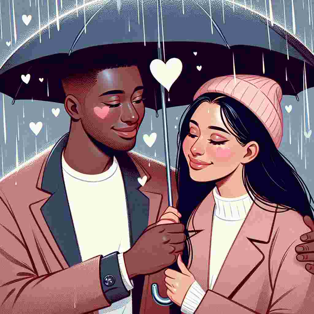 Depict a heartwarming Valentine's scene featuring a Black man and Hispanic woman sharing an umbrella during a mild rain shower, displaying their love for each other. Neither of them are wearing coats, showcasing a light-hearted and carefree attitude. The atmosphere is rich with romance, evident in their playful makeup that includes blushed cheeks and welcoming smiles, displaying the harmony and affection they share.
Generated with these themes: Rain without wearing a coat, and Make up.
Made with ❤️ by AI.