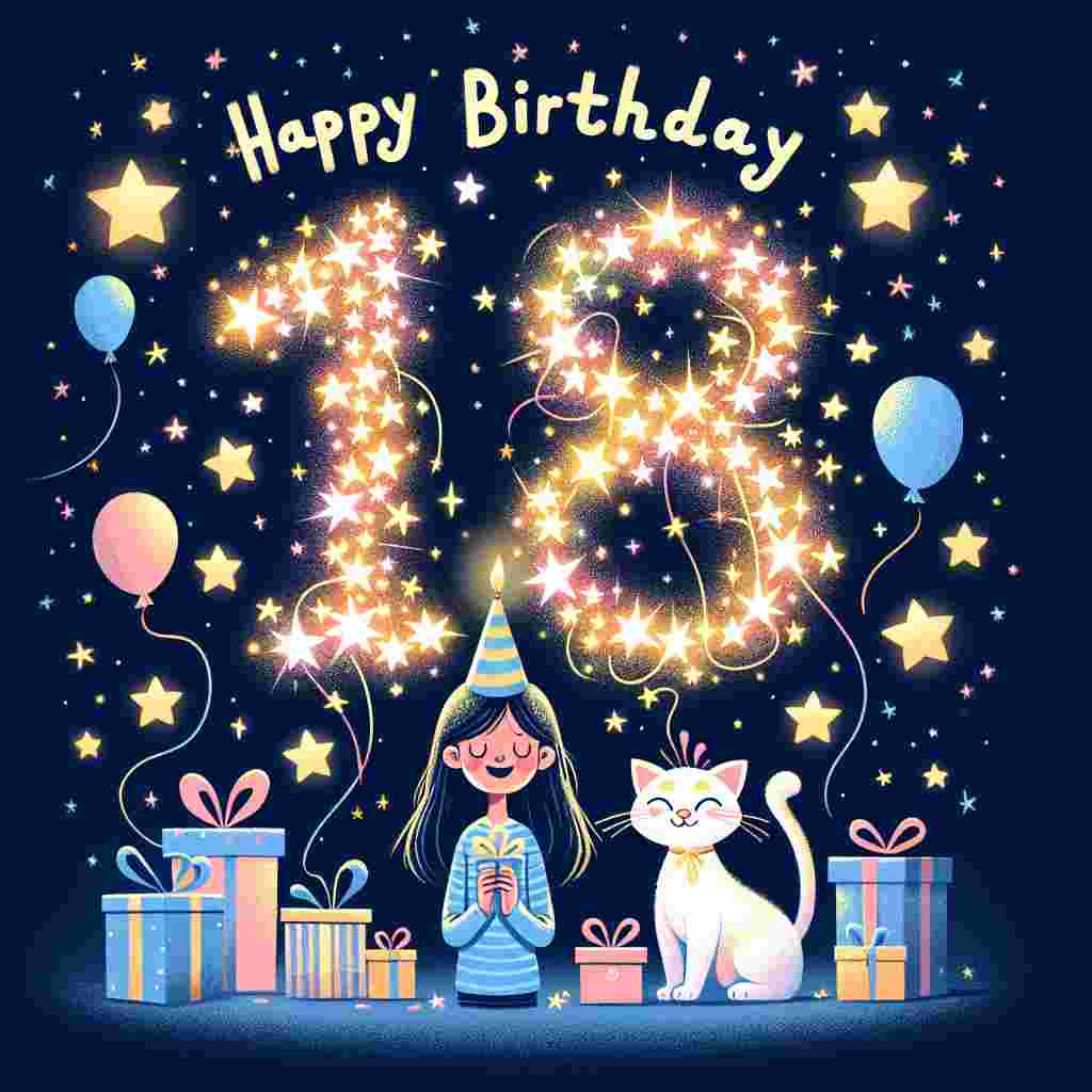 An adorable illustration set against a starry night sky backdrop, highlighting the number '18' crafted from twinkling stars. Below sits a cartoon-style daughter character wearing a party hat, surrounded by presents, balloons, and a cat holding a 'Happy Birthday' banner in its mouth, contributing to the celebratory atmosphere.
Generated with these themes: 18th  daughter .
Made with ❤️ by AI.