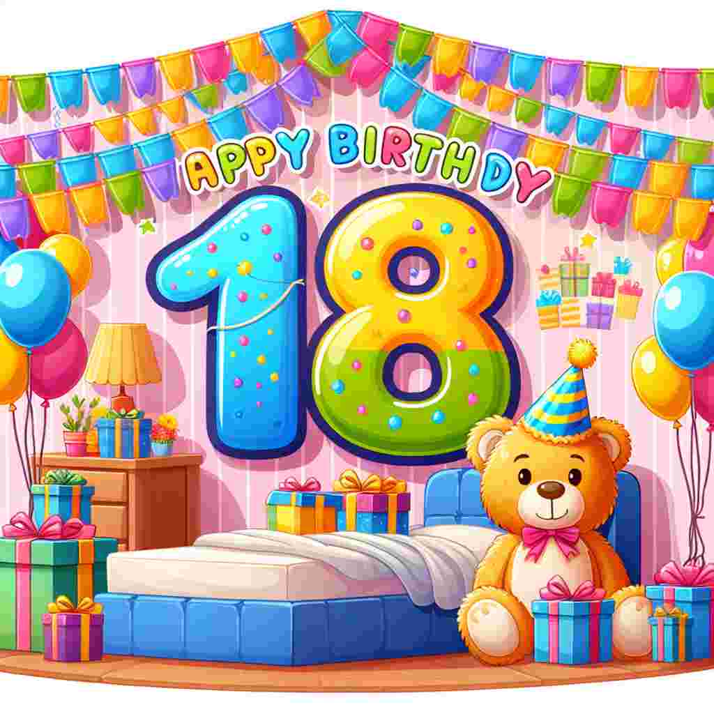 A cute cartoon illustration depicting an animated scene within a bedroom filled with birthday decorations. A big '18' is displayed on the wall in bold, vibrant colors, with a stuffed teddy bear and a pile of presents at its base. Across the illustration, streamers culminate in a central 'Happy Birthday' banner that hangs above, perfectly tailored for a daughter's 18th birthday.
Generated with these themes: 18th  daughter .
Made with ❤️ by AI.