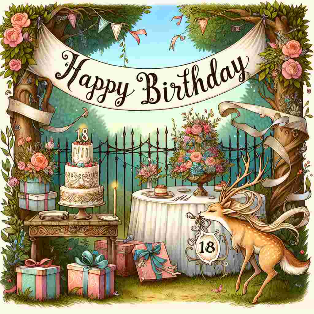 A whimsical drawing with a storybook quality, showcasing a fairy-tale garden with a banner overhead proclaiming '18'. Each area of the garden represents elements of a birthday party, like a table with a cake and presents. In the forefront, a lovely deer holds a sign in its mouth with 'Happy Birthday' written in calligraphic script, directly addressing the daughter's special day.
Generated with these themes: 18th  daughter .
Made with ❤️ by AI.