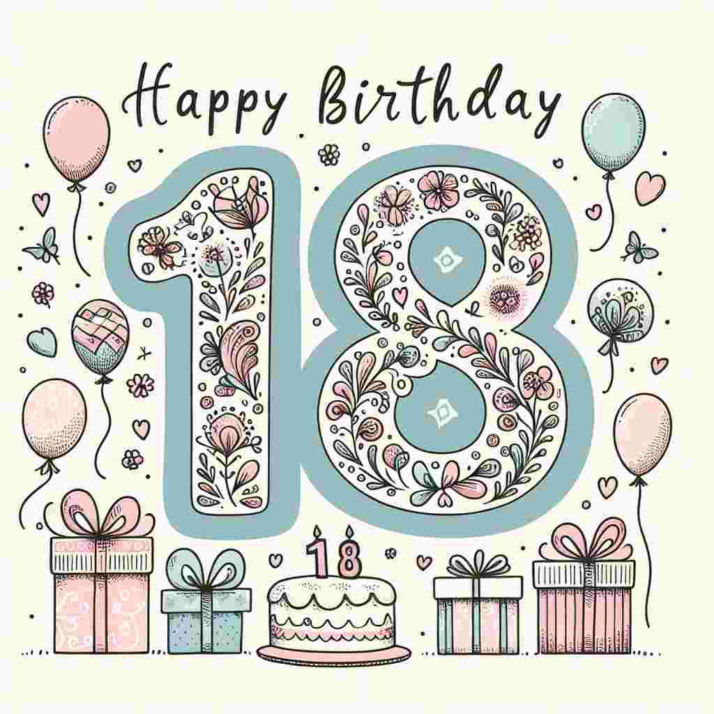 A charming illustration that features a pastel-colored birthday scene with a large '18' in the center adorned with delicate floral designs. The number is surrounded by playful illustrations of balloons, gifts, and a birthday cake, all tailored for a daughter's milestone celebration. At the bottom, in elegant handwritten font, it reads 'Happy Birthday'.
Generated with these themes: 18th  daughter .
Made with ❤️ by AI.