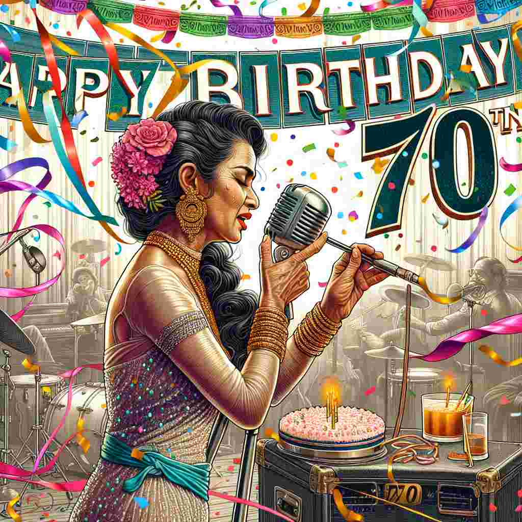 The design showcases a sophisticated drawing of a 70th birthday party in full swing, with a female jazz singer holding a vintage microphone at the center, and a 'Happy Birthday' sign in retro font hanging in the background amidst streamers and confetti.
Generated with these themes: 70th   female.
Made with ❤️ by AI.