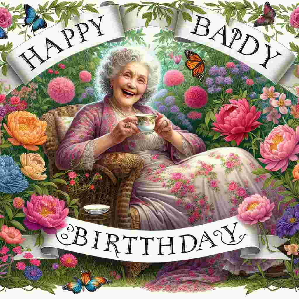 A charming illustration featuring a cheerful elderly woman sitting in a garden full of blooming flowers, with a gentle smile, holding a teacup. A banner above reads 'Happy Birthday' in elegant script, surrounded by fluttering butterflies, to celebrate her 70th.
Generated with these themes: 70th   female.
Made with ❤️ by AI.