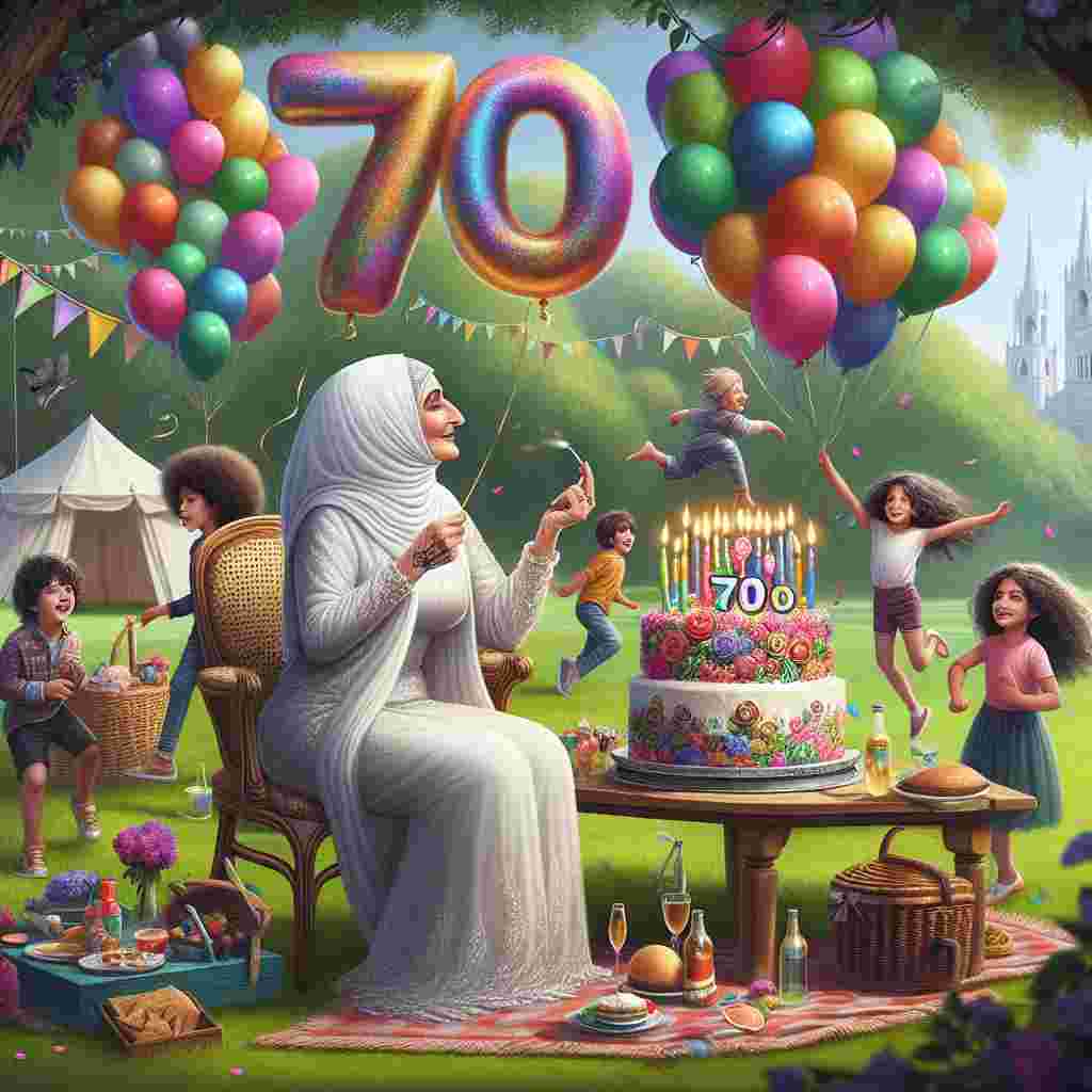 A whimsical scene depicting a female character with a youthful spirit, playing with her grandchildren in a park, surrounded by balloons and a picnic setup. A cake with '70' candles sits on the table, while the 'Happy Birthday' text floats above in playful, colorful letters.
Generated with these themes: 70th   female.
Made with ❤️ by AI.
