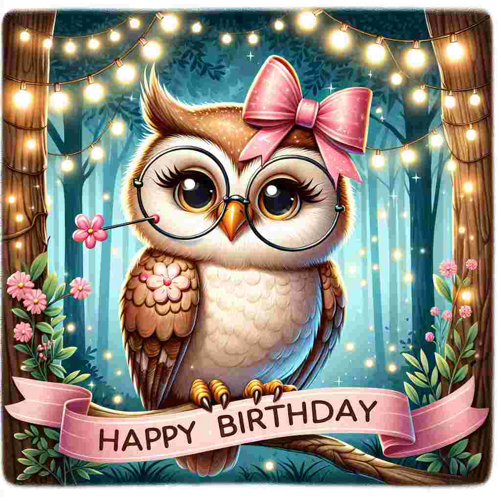 An endearing image that captures a wise-looking female owl perched on a branch, with a pink bow and spectacles, surrounded by a forest decorated with fairy lights, and a 'Happy Birthday' banner draped between the trees in honor of her 70th birthday.
Generated with these themes: 70th   female.
Made with ❤️ by AI.