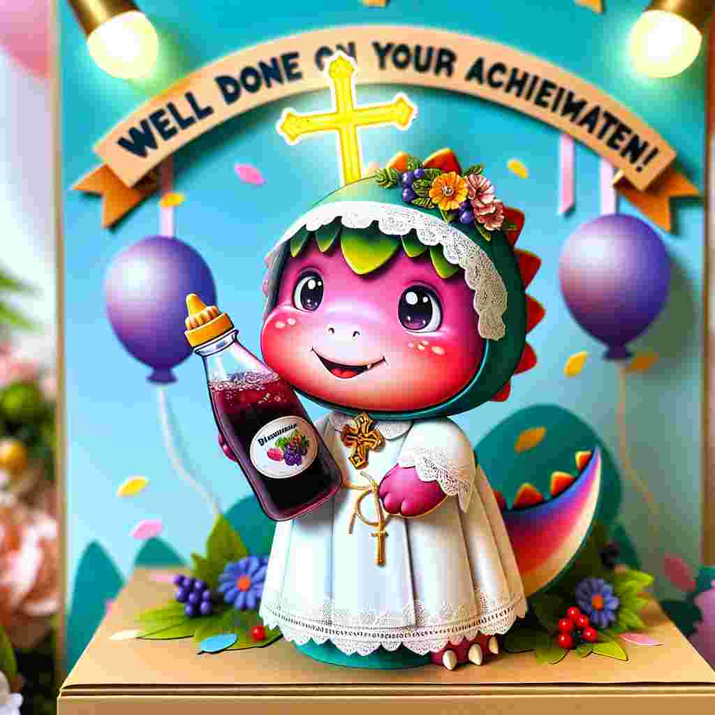 Visualize a charming and vibrant scene with a cute cartoon dinosaur character. The dinosaur is depicted freshly baptized, wearing a delicate white baptismal robe and holding a bottle of blackcurrant squash. A luminous cross hovers above it, symbolizing its Christian faith. The scene is filled with embellishments like festive balloons and colorful confetti. There is a bold, hand-lettered sign in the background that proudly proclaims 'Well Done on Your Achievement!', further enhancing the celebratory ambiance of the setting.
Generated with these themes: Baptism, Dinosoar, Blackcurrant Squash, and Christianity.
Made with ❤️ by AI.