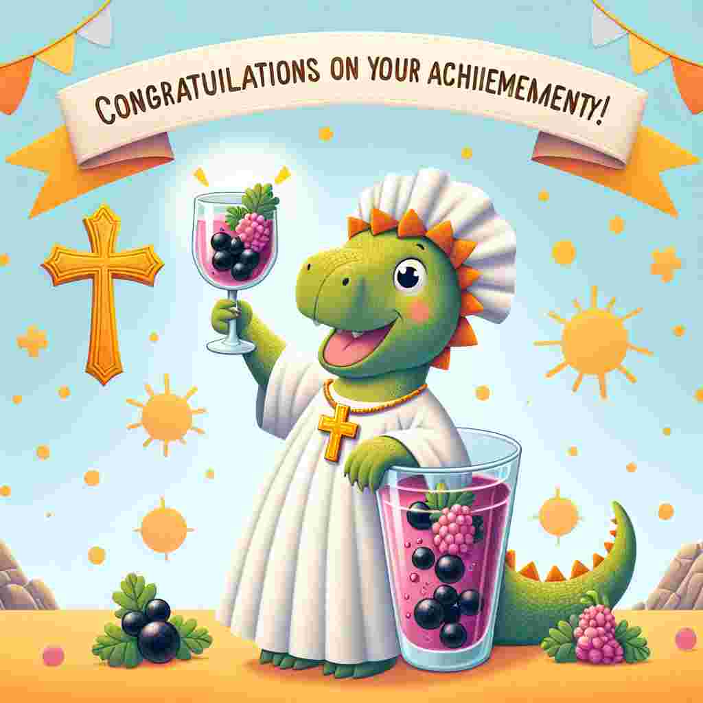 Create a whimsical, playful image featuring a dinosaur dressed in a white baptismal gown, raising a glass filled with blackcurrant squash in a jubilant toast. The background features a brightly gleaming sign of the cross to symbolize Christianity. Above the dinosaur, a banner proudly proclaims 'Congratulations on Your Achievement!'. The overall color scheme is filled with warm, comforting hues, with soft, welcoming pastel tones, all of which enhance the festive, celebratory atmosphere of the scene.
Generated with these themes: Baptism, Dinosoar, Blackcurrant Squash, and Christianity.
Made with ❤️ by AI.