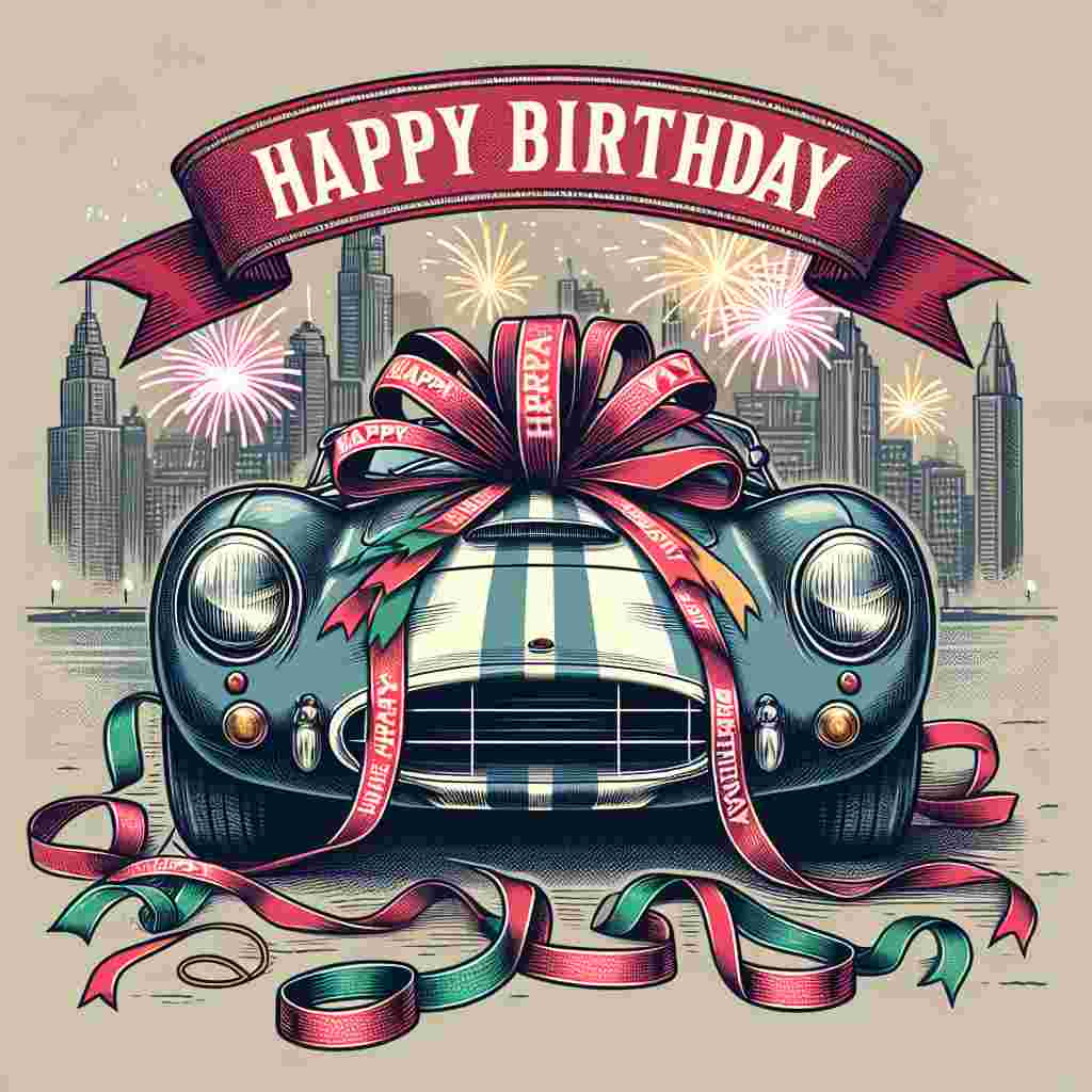 In this unique birthday illustration for him, a vintage sports car is adorned with streamers and a large, red 'Happy Birthday' ribbon draped across the hood. The scene's background, a muted cityscape, highlights the celebratory vibe with fireworks in the sky, creating a masculine yet adorable ambiance.
Generated with these themes: unique   for him.
Made with ❤️ by AI.
