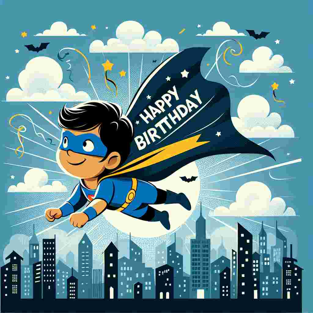 The illustration showcases a little boy superhero flying across a sky filled with clouds and the silhouette of a city below. His cape flutters behind him with the words 'Happy Birthday' emblazoned on it, incorporating the celebratory message into the scene seamlessly while keeping the design sweet and unique.
Generated with these themes: unique   for him.
Made with ❤️ by AI.