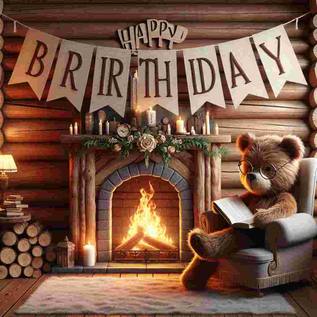 This birthday scene is set in a cozy cabin with a warm, inviting fireplace. A bespectacled bear sits in a comfy armchair, reading a book. Next to him, a banner with 'Happy Birthday' scrawled in a classic font stretches across the wooden wall, adding a personal and cute touch to the design crafted just for him.
Generated with these themes: unique   for him.
Made with ❤️ by AI.