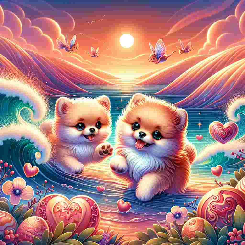 Create an enchanting Valentine's Day illustration set against a tranquil coastal background. Two adorable fluffy Pomeranians are playfully cavorting near the foamy water's edge, their joy and energy palpable. The scene is framed by undulating hills bathed in the warm tones of a setting sun, creating gorgeous gradients that provide a stunning backdrop. Heart-shaped delicacies dot the landscape here and there, their presence possibly symbolizing the food of love traditionally shared on this special day. Adding a dash of playful mischief are pixies, flitting and darting through the vibrant scene, imbuing it with a sense of magical whimsy.
Generated with these themes: Pomeranian, Dogs, Coast, Rolling hills, Heart shaped food, and Pixies.
Made with ❤️ by AI.