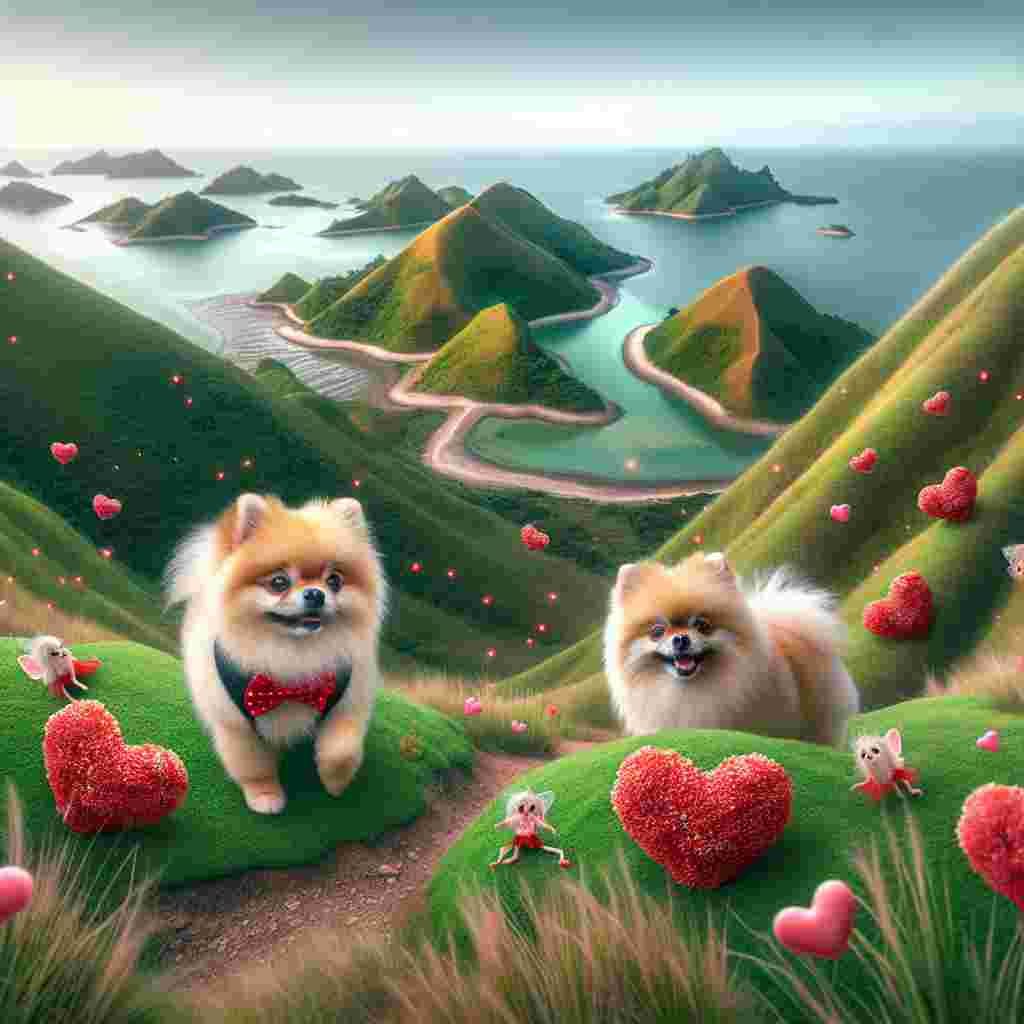 Create a charming image suitable for Valentine's Day, featuring two adorable Pomeranians playing in the middle of a beautiful coastal scenery. The terrain is adorned with gently sloping hills that merge with the distant horizon. Amplify the romantic ambiance with an array of heart-shaped treats positioned organically throughout the landscape, adding both color and a celebratory sentiment. Enhance the scene's magical appeal with playful pixies dashing haphazardly, their merry antics contributing to the whimsical enchantment consistent with the Valentine's Day theme.
Generated with these themes: Pomeranian, Dogs, Coast, Rolling hills, Heart shaped food, and Pixies.
Made with ❤️ by AI.