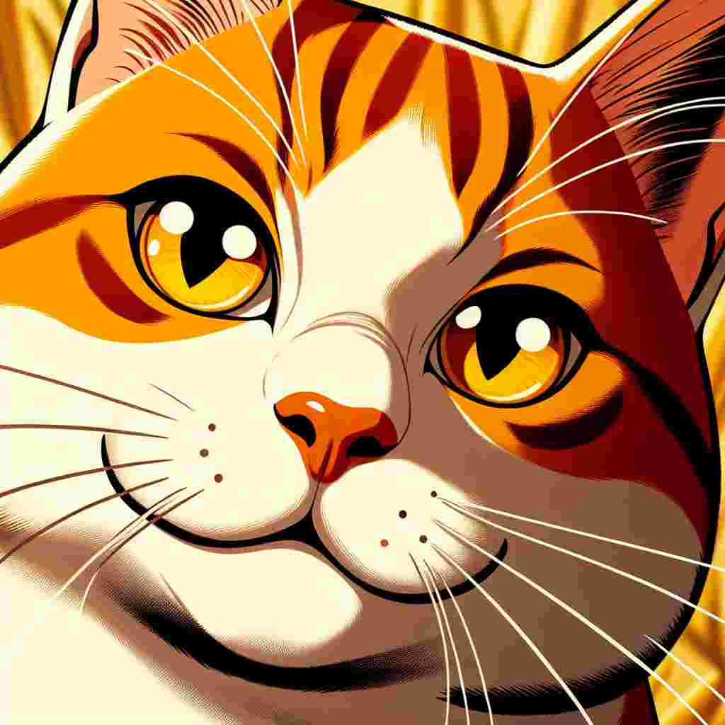 A animated scene unveils, dominated by an adult Domestic Shorthair cat. The cat, possessing an average physique, impresses all with its radiant orange and supple white coat. Its vivacious, golden eyes are alight with an insatiable curiosity, empowering the character with an undeniable spark of life.
.
Made with ❤️ by AI.