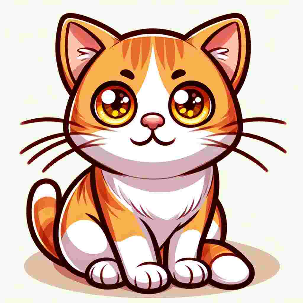 Create an image of an adorable cartoon where a Domestic Shorthair cat of orange and white color is the main character. The cat has a standard build and its yellow eyes sparkle with a playful spirit, adding a sense of warmth and delight to the overall sketch.
.
Made with ❤️ by AI.