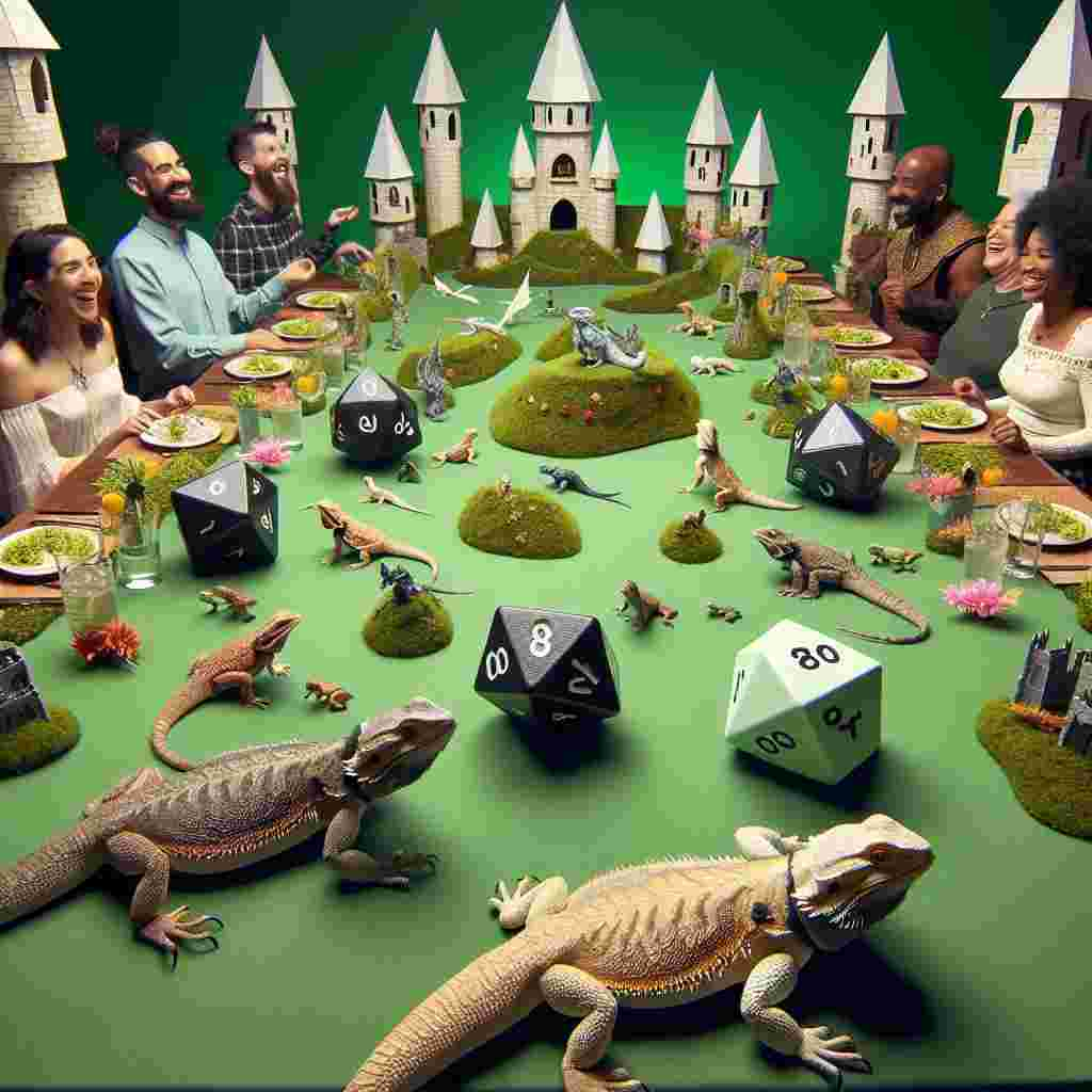 A whimsical birthday scene decorated in a Dungeons and Dragons theme. Tables are covered in green cloths that resemble a mystical, flat grassland scene. Quirky, large polyhedral dice serve as the central attraction on the tables. In between, bearded dragon lizards lounge casually, lending a real-world touch amidst miniature castles from a fantasy era. Guests of various descent: Black, Middle-Eastern, Hispanic, South Asian, and Caucasian both men and women, are laughing and immersed in joy, rolling dice to determine the course of their role-play characters' journey. They are all engaged in an exciting birthday quest filled with challenges and laughter.
Generated with these themes: Dungeons and dragons, Dice, and Bearded dragons.
Made with ❤️ by AI.